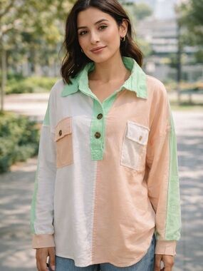 Blue Velvet Colorblock Collared Pullover Shirt in Peach, Mint & Ivory, Sz XL NWT